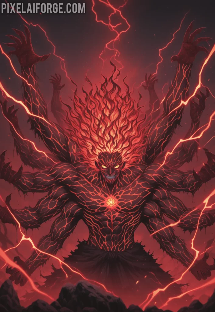 Muzan Kibutsuji in his final monstrous form, multiple arms and eyes glowing, blood mist around him, dramatic lightning effects, villainous anime art style from Demon Slayer