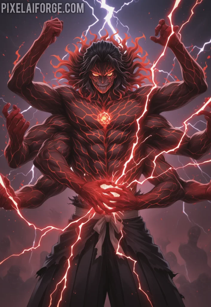 Muzan Kibutsuji in his final monstrous form, multiple arms and eyes glowing, blood mist around him, dramatic lightning effects, villainous anime art style from Demon Slayer