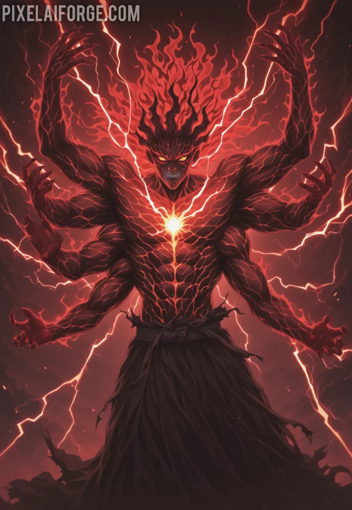 Muzan Kibutsuji in his final monstrous form, multiple arms and eyes glowing, blood mist around him, dramatic lightning effects, villainous anime art style from Demon Slayer