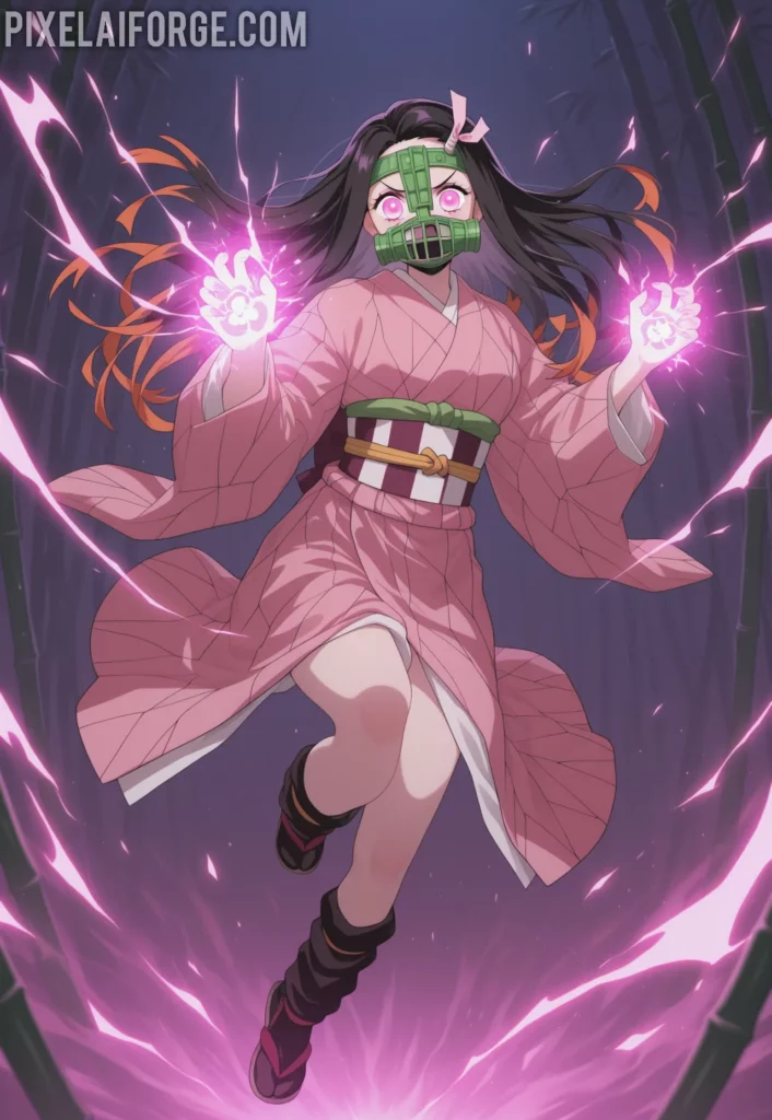 Nezuko Kamado in her battle form, wearing bamboo muzzle, pink kimono glowing with demonic energy, leaping into the air during combat, colorful anime scene from Demon Slayer