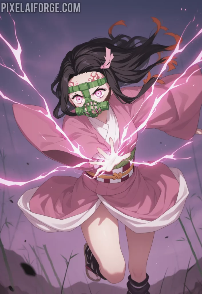 Nezuko Kamado in her battle form, wearing bamboo muzzle, pink kimono glowing with demonic energy, leaping into the air during combat, colorful anime scene from Demon Slayer