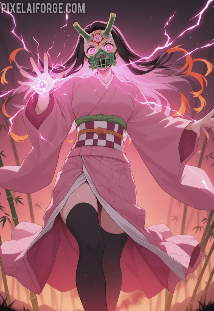 Nezuko Kamado in her battle form, wearing bamboo muzzle, pink kimono glowing with demonic energy, leaping into the air during combat, colorful anime scene from Demon Slayer