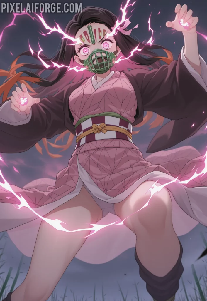 Nezuko Kamado in her battle form, wearing bamboo muzzle, pink kimono glowing with demonic energy, leaping into the air during combat, colorful anime scene from Demon Slayer