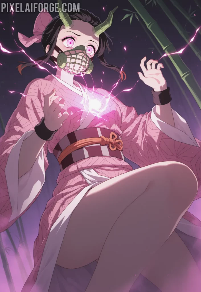 Nezuko Kamado in her battle form, wearing bamboo muzzle, pink kimono glowing with demonic energy, leaping into the air during combat, colorful anime scene from Demon Slayer