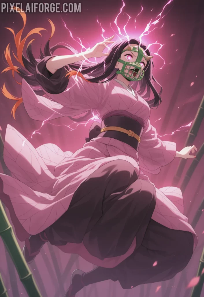 Nezuko Kamado in her battle form, wearing bamboo muzzle, pink kimono glowing with demonic energy, leaping into the air during combat, colorful anime scene from Demon Slayer