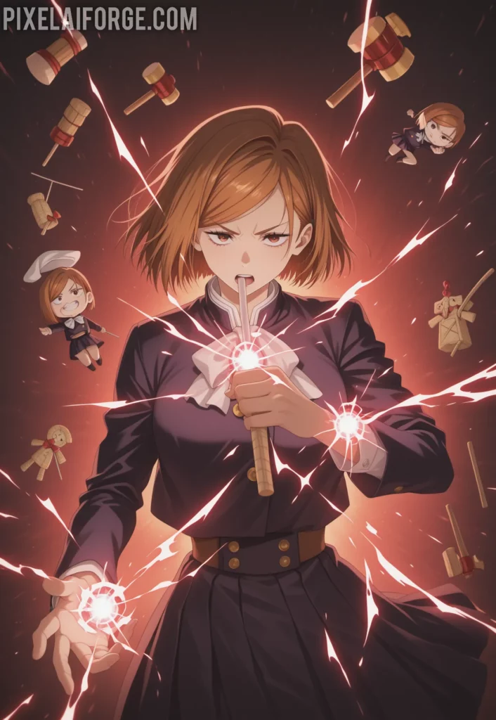 Imagen generada por IA de Nobara Kugisaki en Acción Magia y Determinación en Jujutsu Kaisen