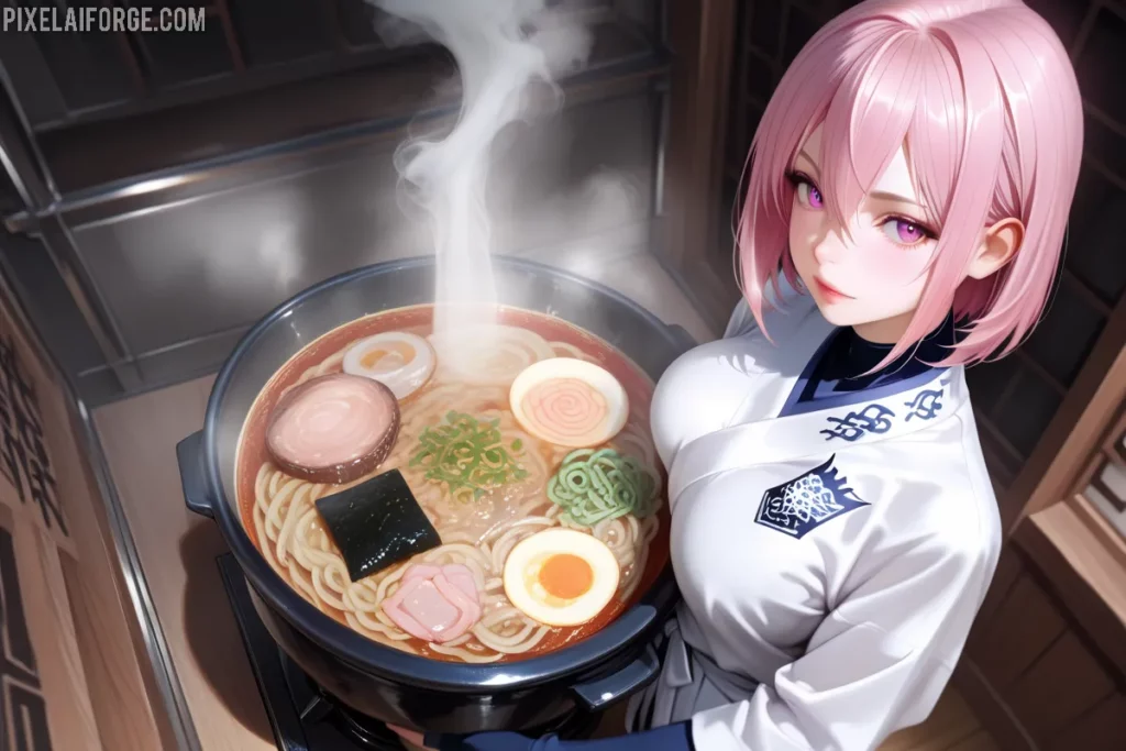 Rindō prepara ramen tradicional mientras el vapor forma el símbolo del anime
