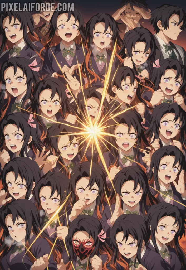 Rui using his Thread Breathing technique surrounded by golden threads, Tanjiro and Nezuko dodging, emotional expressions, intense lighting, anime art style from Demon Slayer Mugen Train arc