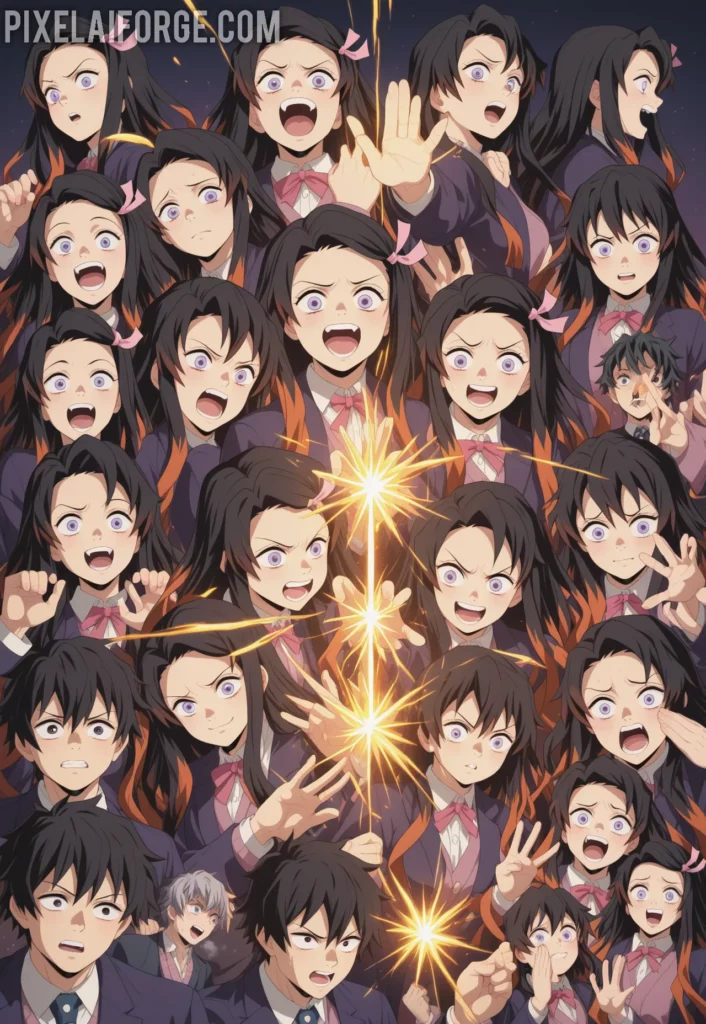 Rui using his Thread Breathing technique surrounded by golden threads, Tanjiro and Nezuko dodging, emotional expressions, intense lighting, anime art style from Demon Slayer Mugen Train arc