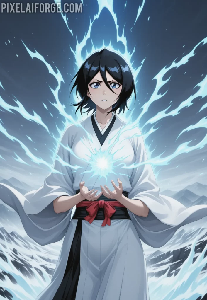 Rukia Kuchikiya using her Shikai in a snowy battlefield, flowing white kimono, blue spiritual energy waves, focused expression, cinematic anime art style from Bleach