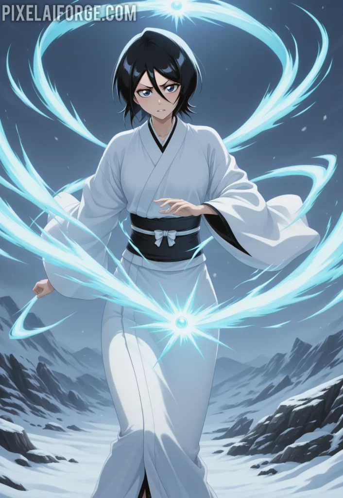 Rukia Kuchikiya using her Shikai in a snowy battlefield, flowing white kimono, blue spiritual energy waves, focused expression, cinematic anime art style from Bleach