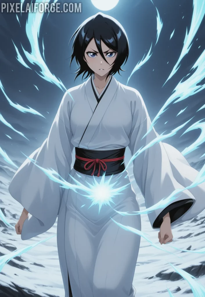 Rukia Kuchikiya using her Shikai in a snowy battlefield, flowing white kimono, blue spiritual energy waves, focused expression, cinematic anime art style from Bleach