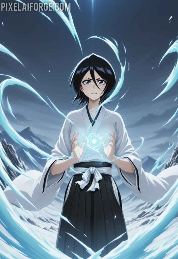 Rukia Kuchikiya using her Shikai in a snowy battlefield, flowing white kimono, blue spiritual energy waves, focused expression, cinematic anime art style from Bleach