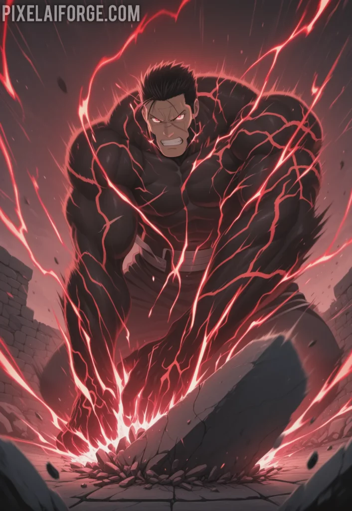 Scar using destruction alchemy on a stone wall, glowing red energy lines, determined look, dynamic motion blur, action anime style from Fullmetal Alchemist Brotherhood