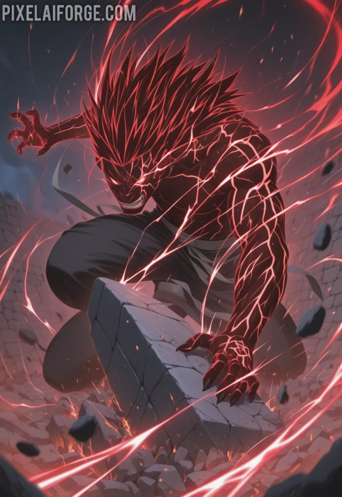 Scar using destruction alchemy on a stone wall, glowing red energy lines, determined look, dynamic motion blur, action anime style from Fullmetal Alchemist Brotherhood