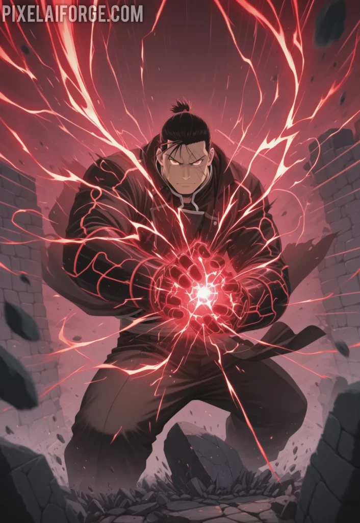 Scar using destruction alchemy on a stone wall, glowing red energy lines, determined look, dynamic motion blur, action anime style from Fullmetal Alchemist Brotherhood