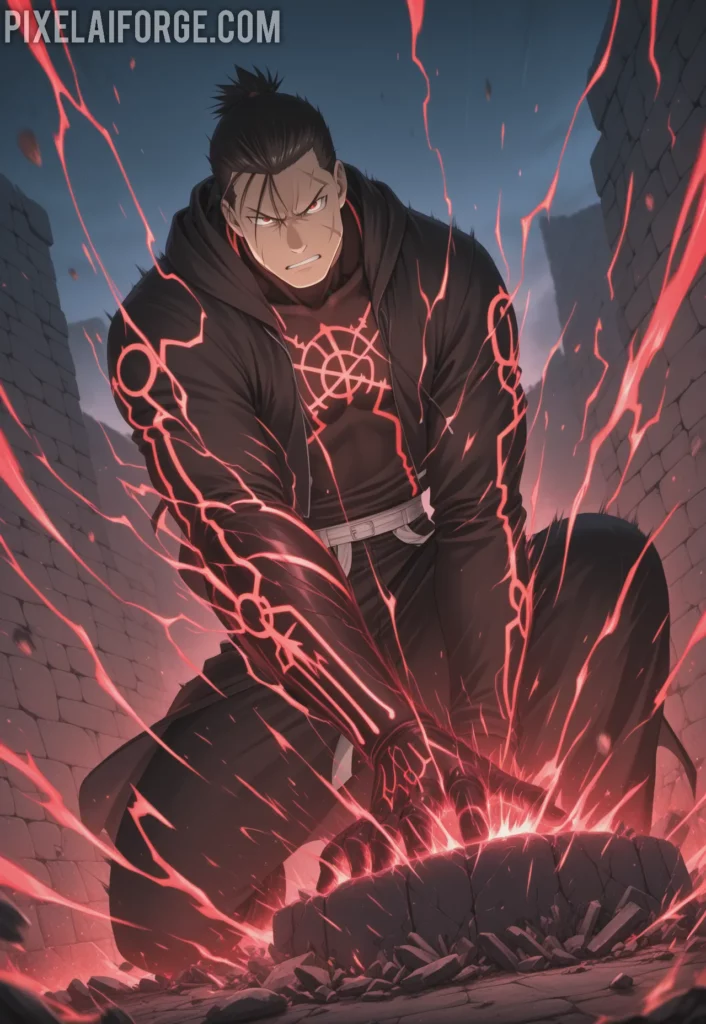 Scar using destruction alchemy on a stone wall, glowing red energy lines, determined look, dynamic motion blur, action anime style from Fullmetal Alchemist Brotherhood