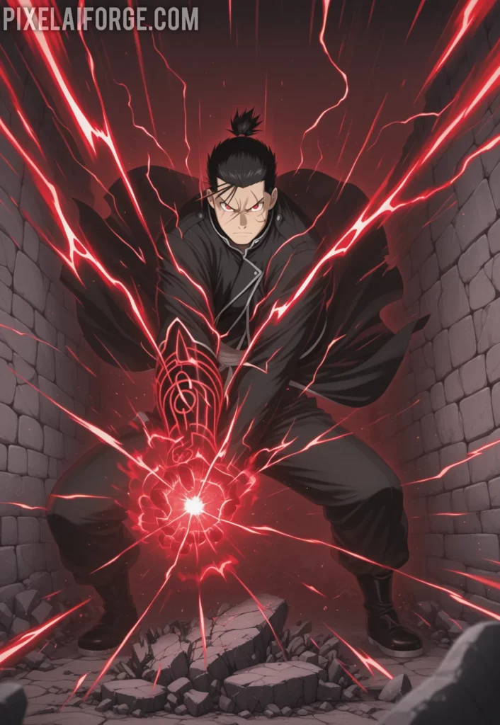 Scar using destruction alchemy on a stone wall, glowing red energy lines, determined look, dynamic motion blur, action anime style from Fullmetal Alchemist Brotherhood