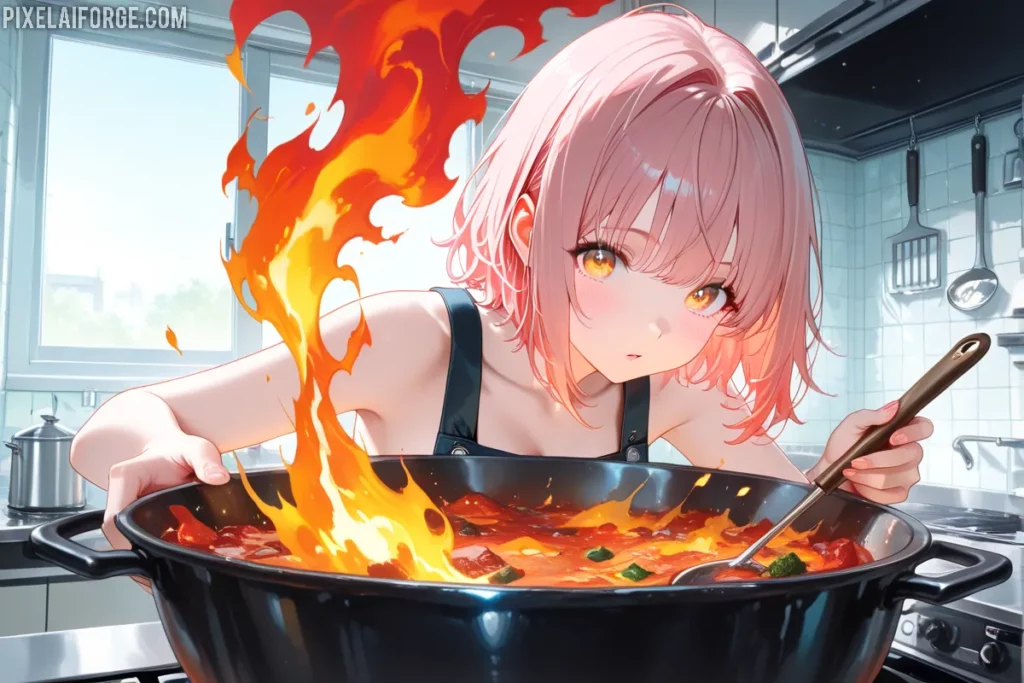 Sōma cocinando con pasión en una cocina futurista rodeado de llamas y ingredientes