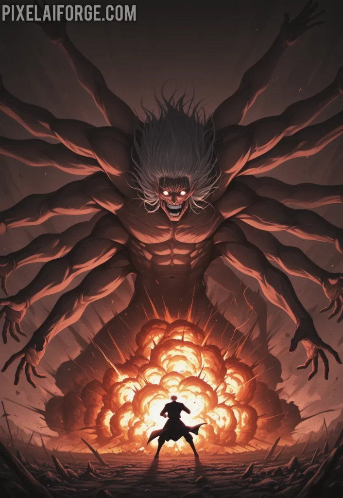 Imagen anime generada por IA Sukuna vs Mahoraga La Batalla Épica entre Reyes Malditos