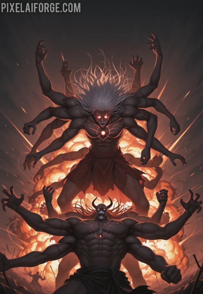 Imagen anime generada por IA Sukuna vs Mahoraga La Batalla Épica entre Reyes Malditos