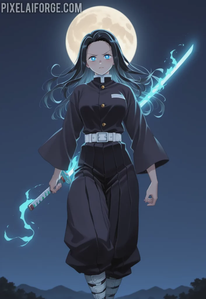 Tanjiro Kamado activating Total Concentration Breathing while fighting against Upper Moon One, Kokushibo, glowing sword in hand, moonlit night background, cinematic anime art style from Demon Slayer