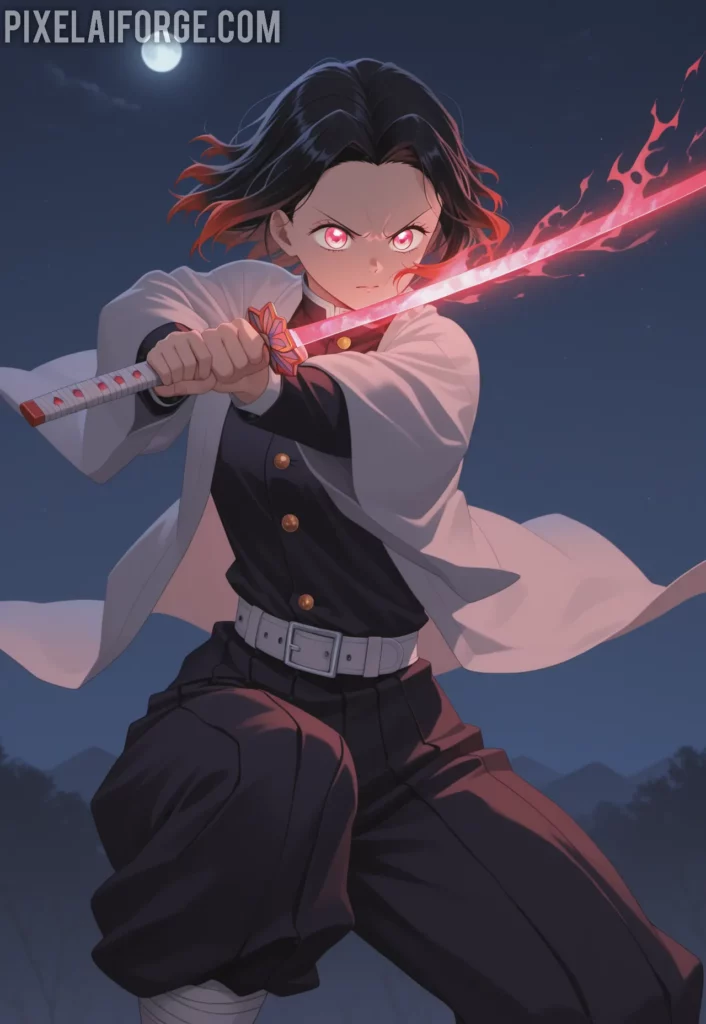 Tanjiro Kamado activating Total Concentration Breathing while fighting against Upper Moon One, Kokushibo, glowing sword in hand, moonlit night background, cinematic anime art style from Demon Slayer