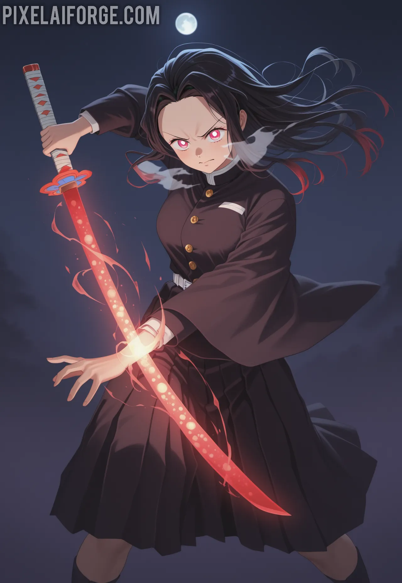 Tanjiro Kamado activating Total Concentration Breathing while fighting against Upper Moon One, Kokushibo, glowing sword in hand, moonlit night background, cinematic anime art style from Demon Slayer