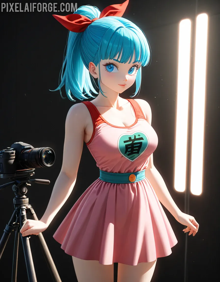 Vibrant Anime Girl with Blue Hair in Cute Dress
