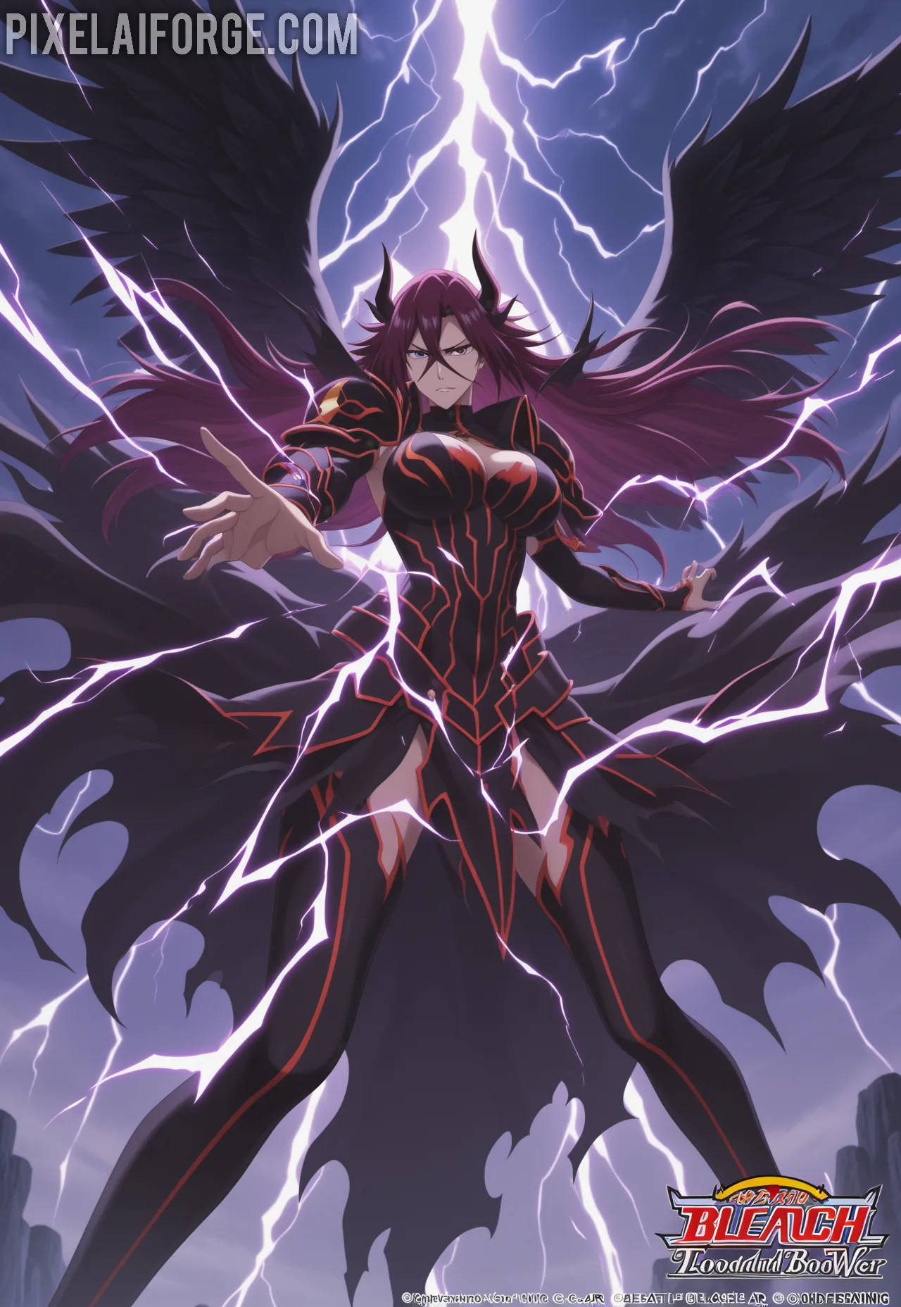 Yhwach rising into the sky with Quincy powers activated, black wings spreading, lightning effects, Final Battle arc, cinematic anime art from Bleach Thousand-Year Blood War
