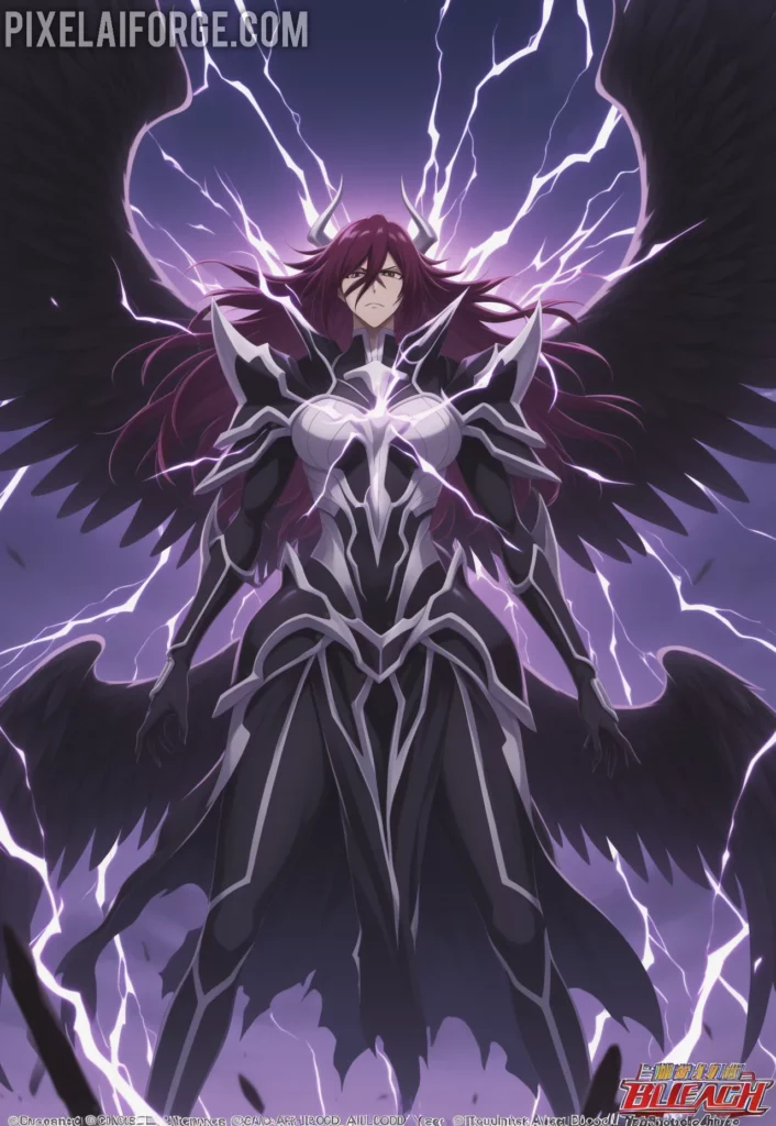 Yhwach rising into the sky with Quincy powers activated, black wings spreading, lightning effects, Final Battle arc, cinematic anime art from Bleach Thousand-Year Blood War