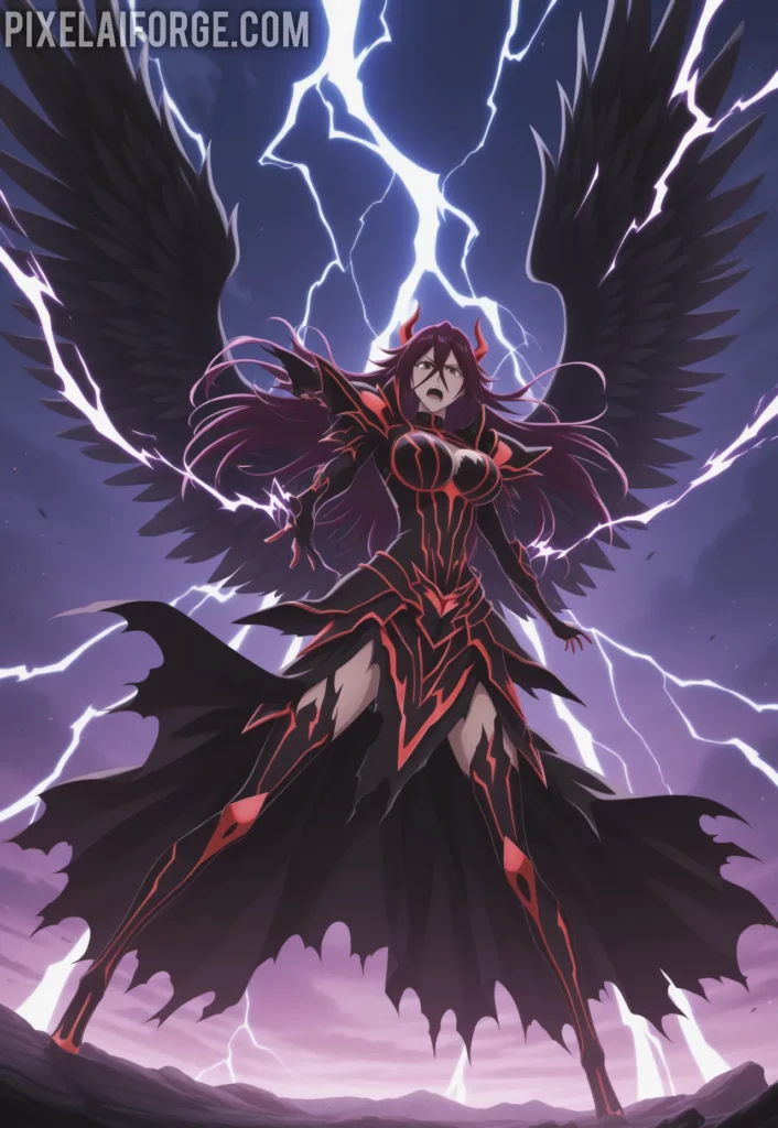 Yhwach rising into the sky with Quincy powers activated, black wings spreading, lightning effects, Final Battle arc, cinematic anime art from Bleach Thousand-Year Blood War