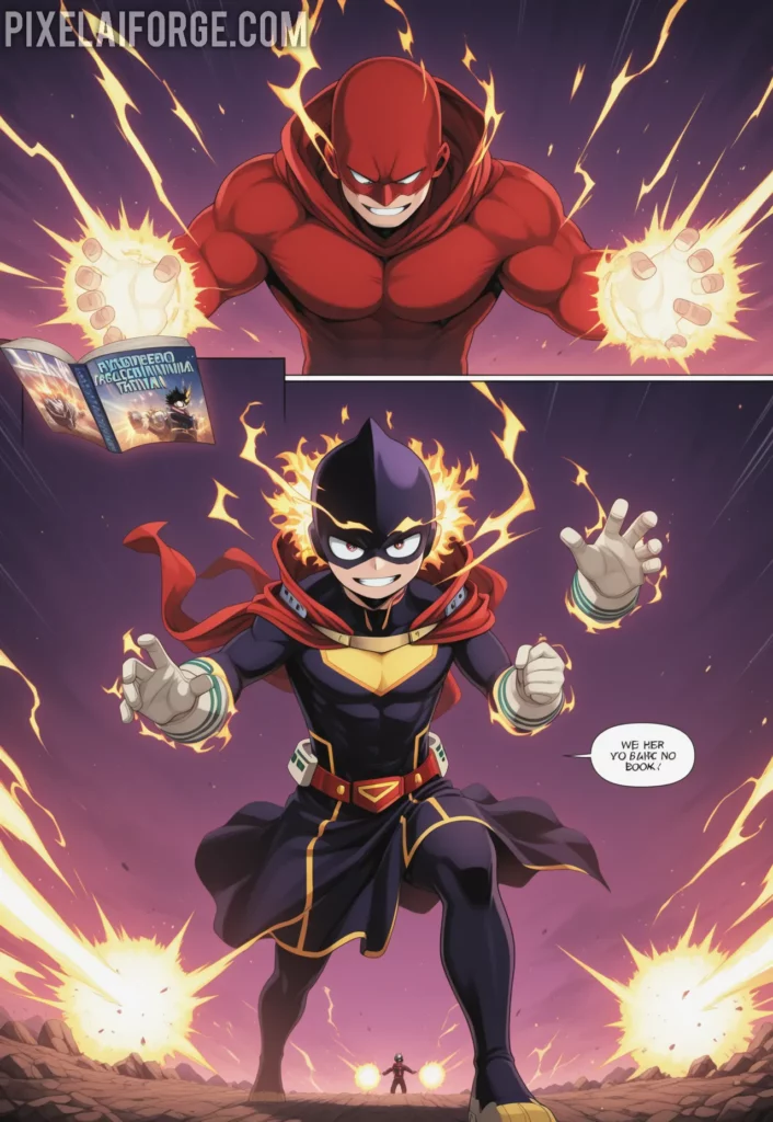 Young superheroes train in a futuristic academy, wearing unique costumes while showing off their powers (quirks) with energy blasts and comic book dynamism. My Hero Academia. Imagen anime generada por IA