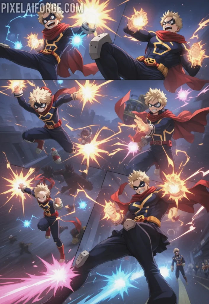 Young superheroes train in a futuristic academy, wearing unique costumes while showing off their powers (quirks) with energy blasts and comic book dynamism. My Hero Academia. Imagen anime generada por IA