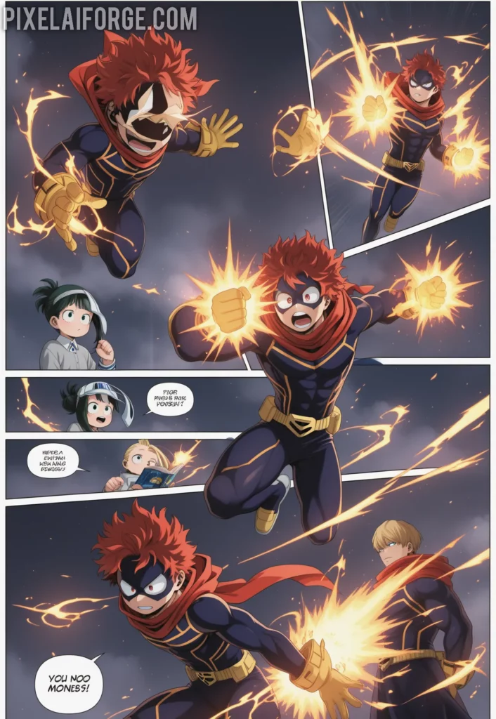 Young superheroes train in a futuristic academy, wearing unique costumes while showing off their powers (quirks) with energy blasts and comic book dynamism. My Hero Academia. Imagen anime generada por IA