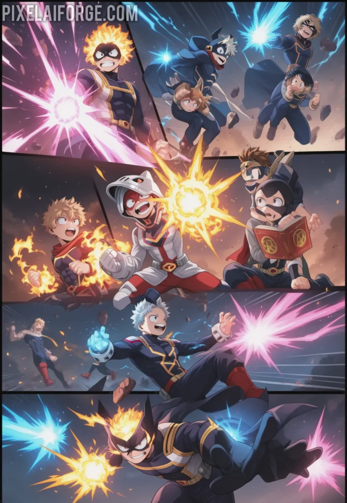Young superheroes train in a futuristic academy, wearing unique costumes while showing off their powers (quirks) with energy blasts and comic book dynamism. My Hero Academia. Imagen anime generada por IA