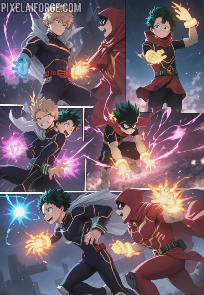 Young superheroes train in a futuristic academy, wearing unique costumes while showing off their powers (quirks) with energy blasts and comic book dynamism. My Hero Academia. Imagen anime generada por IA
