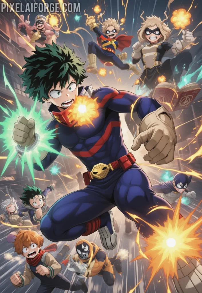 Young superheroes train in a futuristic academy, wearing unique costumes while showing off their powers (quirks) with energy blasts and comic book dynamism. My Hero Academia. Imagen anime generada por IA