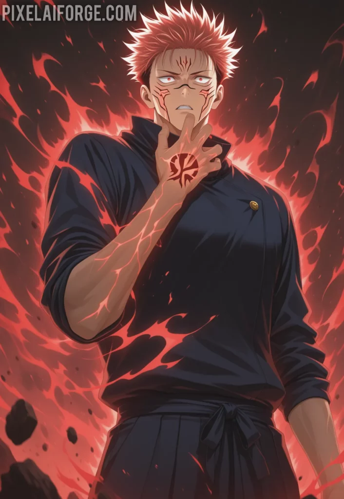Ilustracion anime genegada por IA de Yuji vs Pseudo-Geto El Poder del Máximo Rendimiento en Jujutsu Kaisen