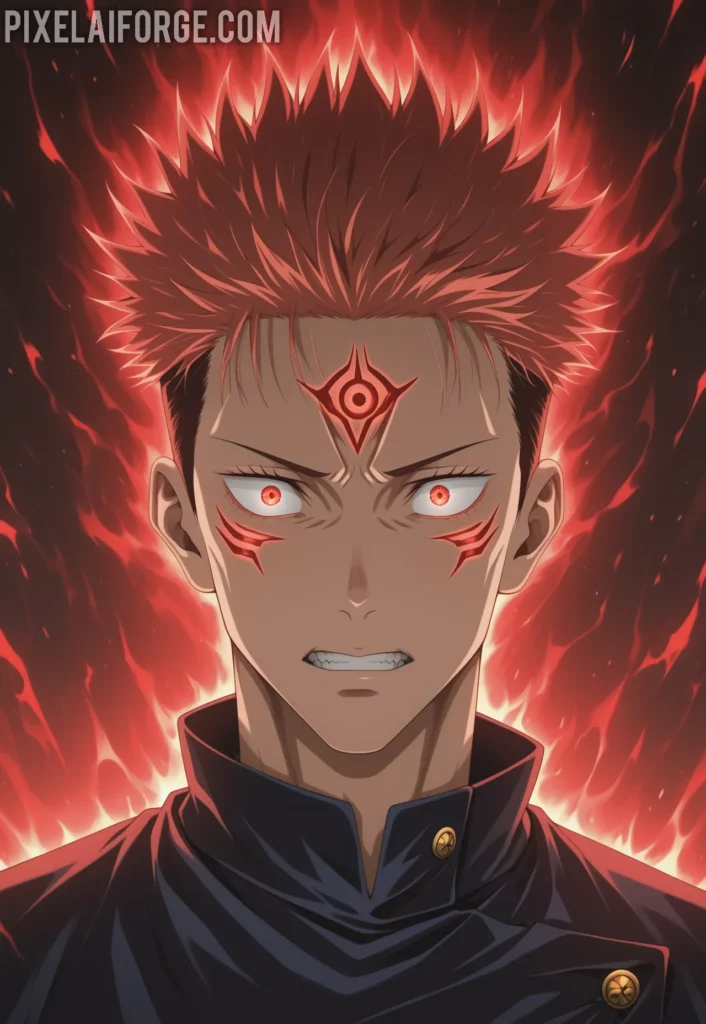 Ilustracion anime genegada por IA de Yuji vs Pseudo-Geto El Poder del Máximo Rendimiento en Jujutsu Kaisen