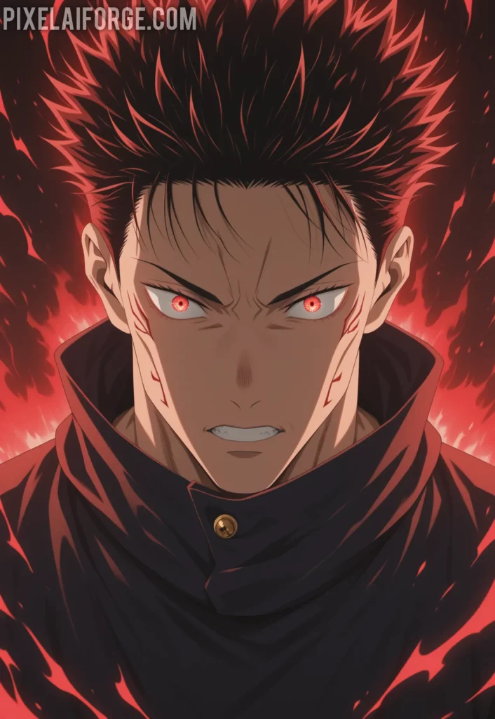 Ilustracion anime genegada por IA de Yuji vs Pseudo-Geto El Poder del Máximo Rendimiento en Jujutsu Kaisen