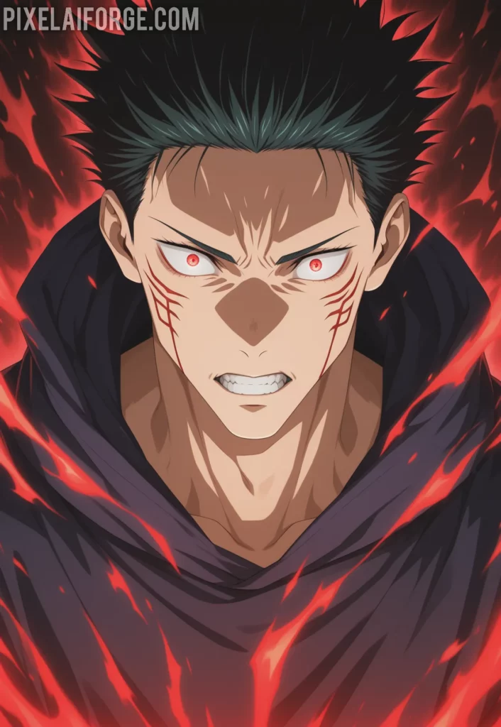 Ilustracion anime genegada por IA de Yuji vs Pseudo-Geto El Poder del Máximo Rendimiento en Jujutsu Kaisen
