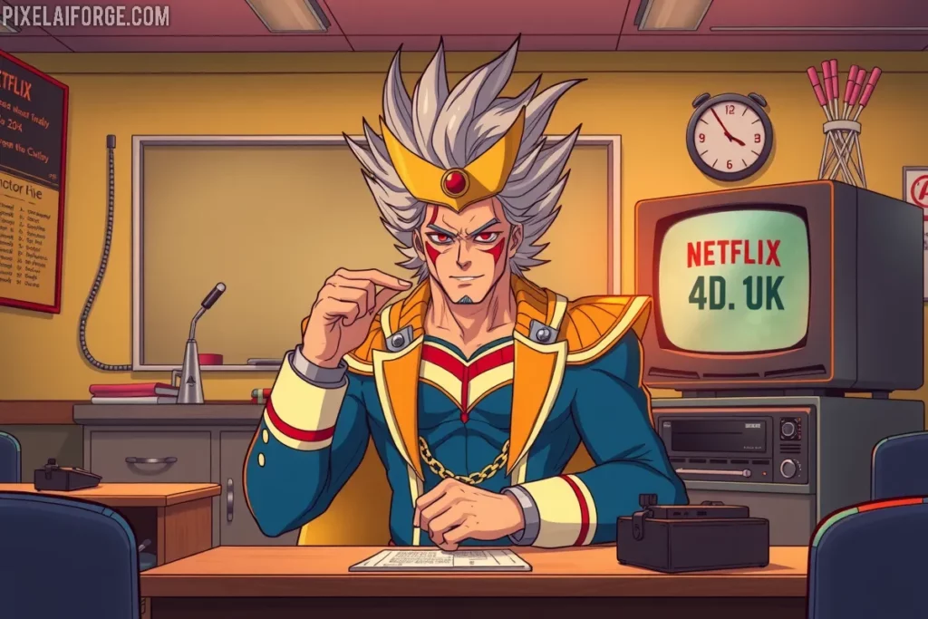 All Might en estilo retro con Netflix para ver My Hero Academia online en 2025.