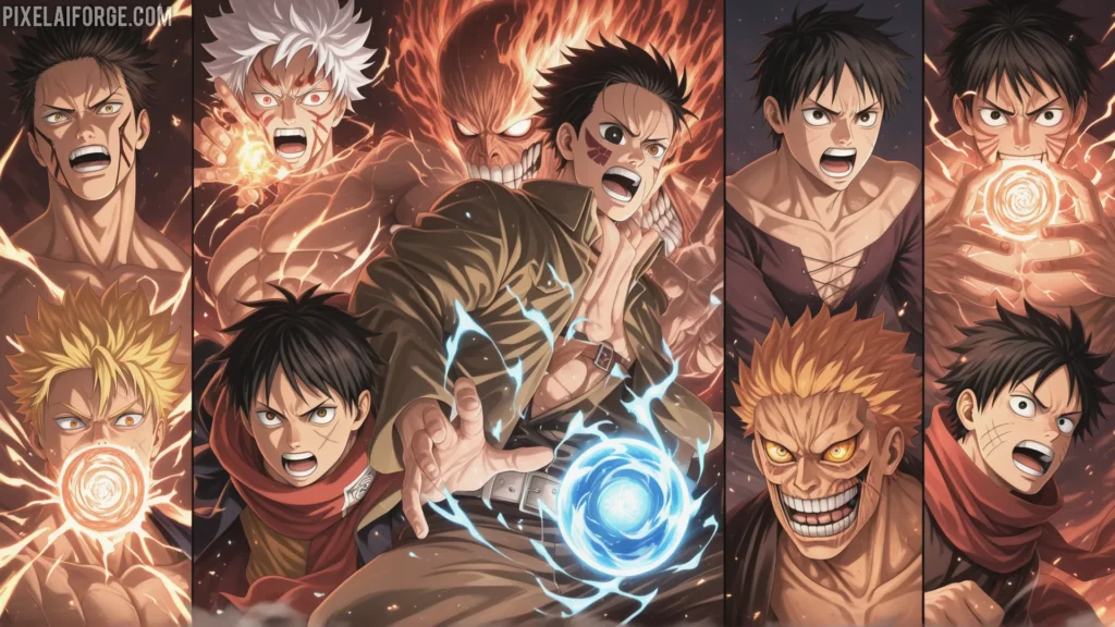 Collage de los 5 animes más populares de 2025, incluyendo Naruto, Jujutsu Kaisen, Demon Slayer, Attack on Titan y One Piece.