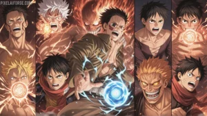 Collage de los 5 animes más populares de 2025, incluyendo Naruto, Jujutsu Kaisen, Demon Slayer, Attack on Titan y One Piece.
