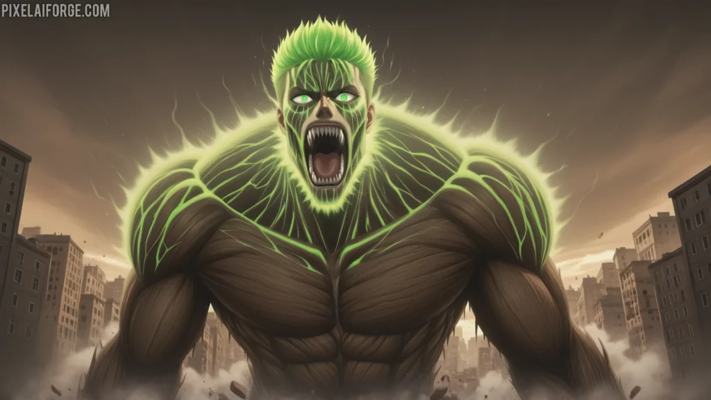 Eren Yeager en su forma de Titán de Ataque, representando Attack on Titan en 2025.