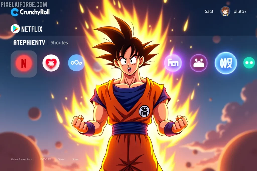 Goku en Super Saiyajin frente a una interfaz de streaming con Crunchyroll y Netflix para ver Dragon Ball Z online en 2025.