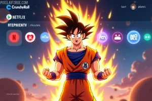 Goku en Super Saiyajin frente a una interfaz de streaming con Crunchyroll y Netflix para ver Dragon Ball Z online en 2025.