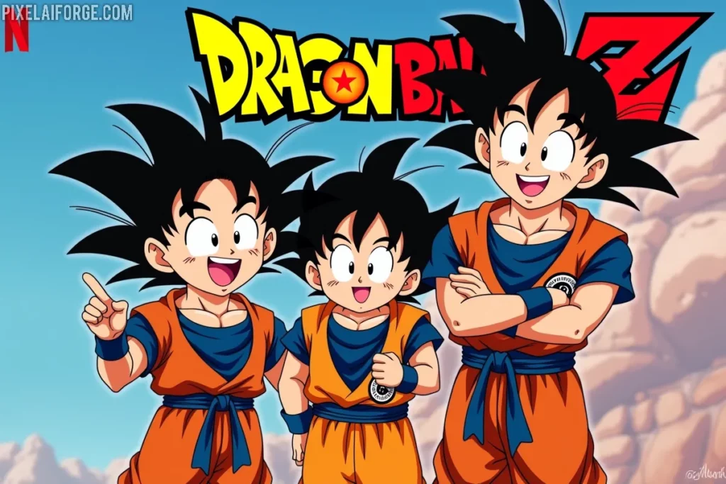 Goku, Gohan y Goten con plataformas para ver Dragon Ball Z online en español.