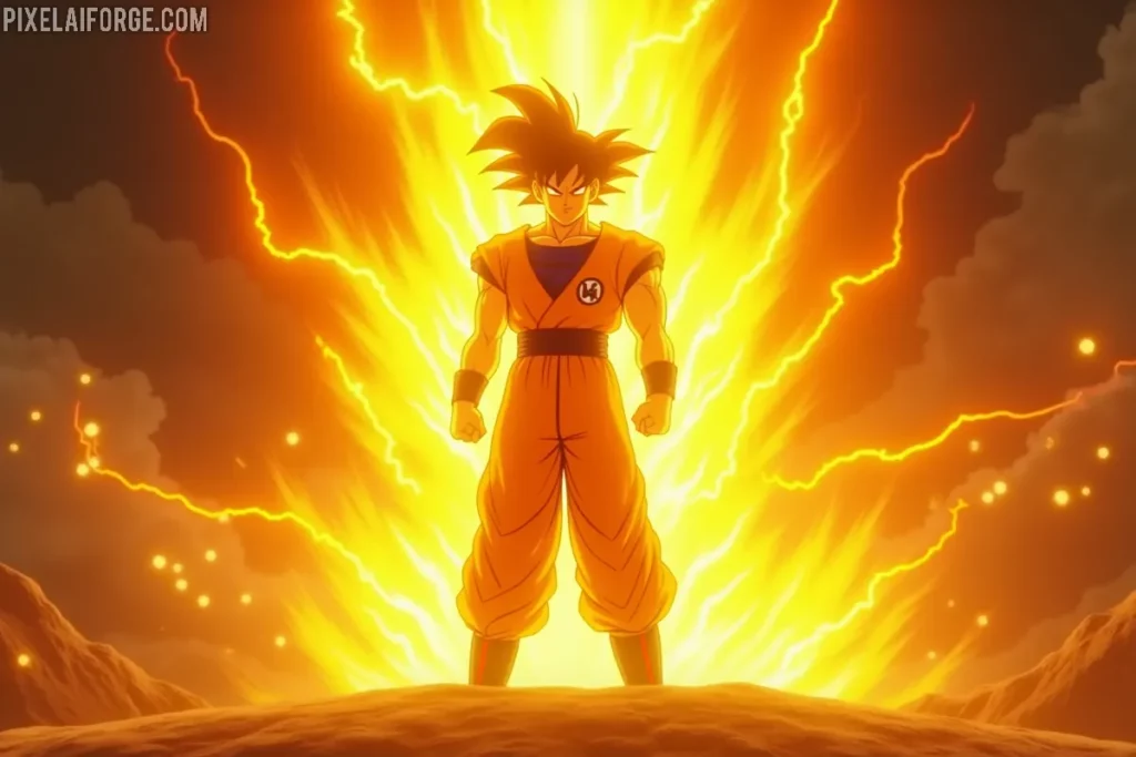 Goku transformándose en Super Saiyajin para ver Dragon Ball Z online en Amazon Prime Video.